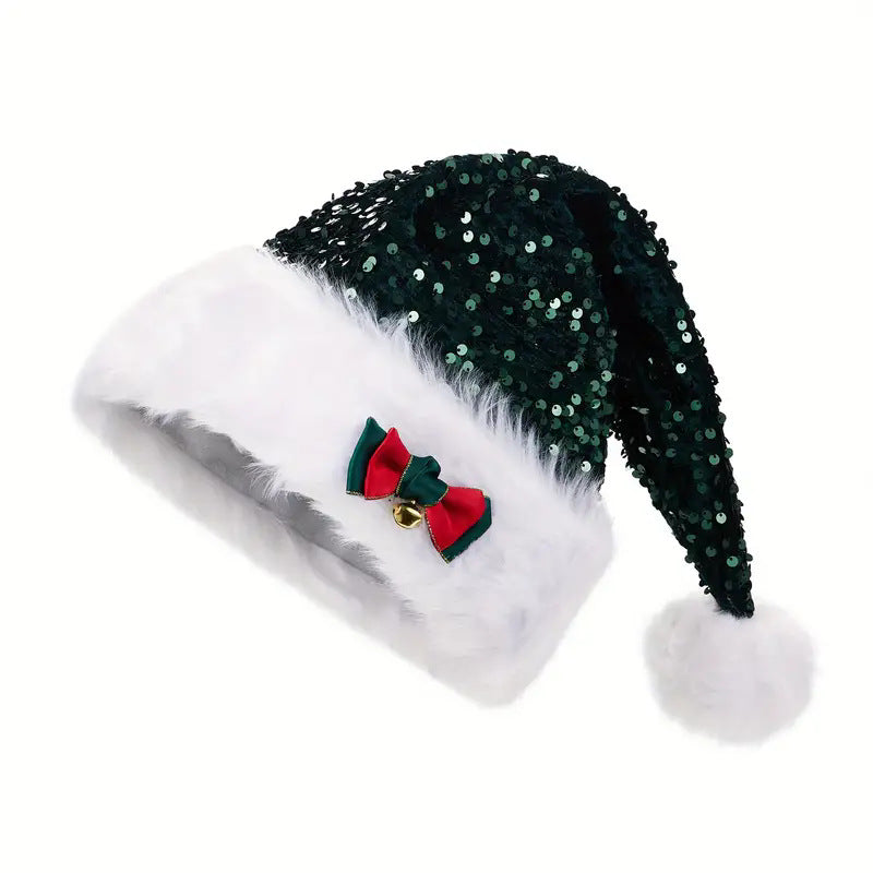 Christmas Hat With Red Sequins And Bow Design Warm Plush Decorative Hat, Christmas Enlarged And Thickened Long Haired Hat - Elevra