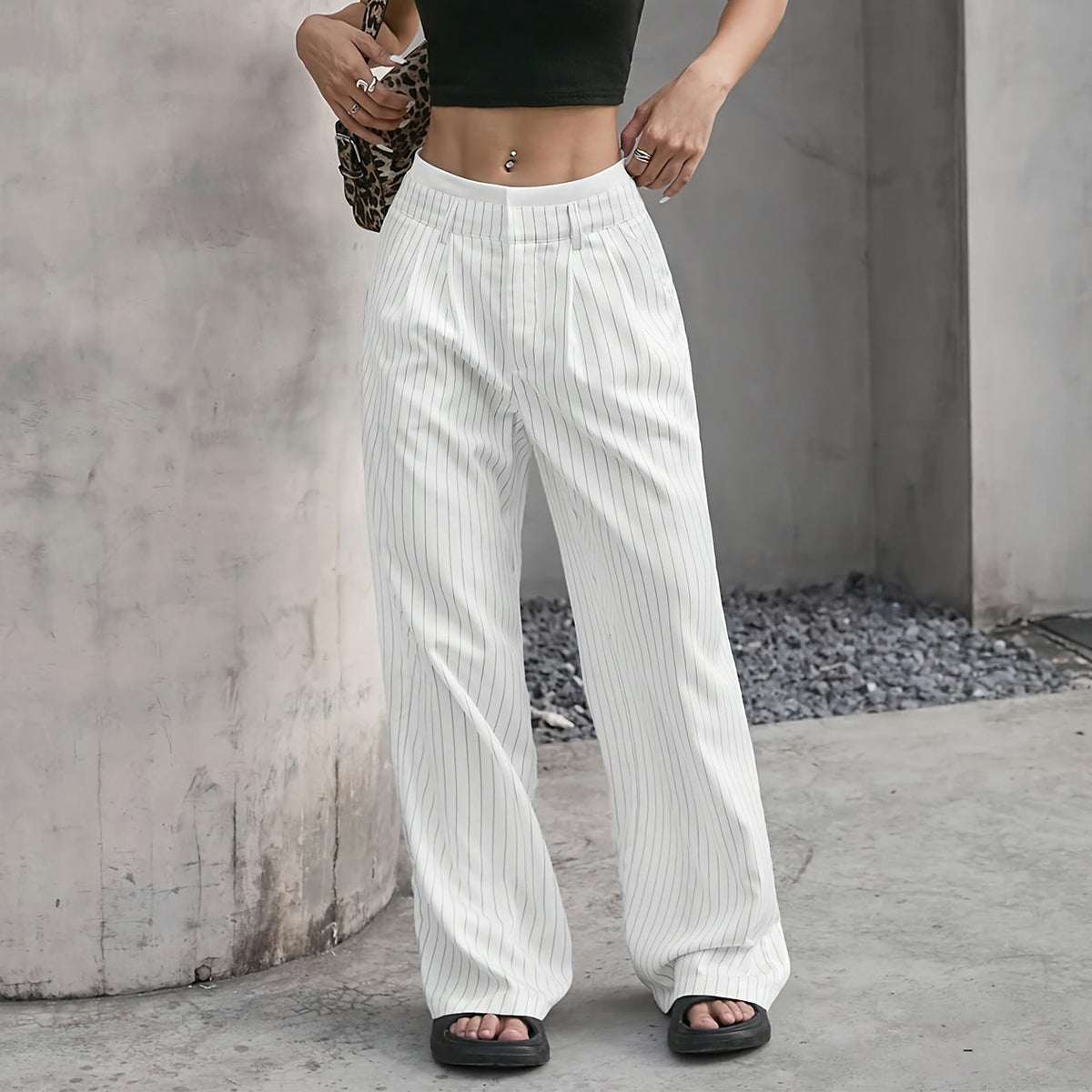 Stripe Printed Trousers Fashion High Waist Straight Leg Pants With Pocket Zipper Casual Suit Pants For Women