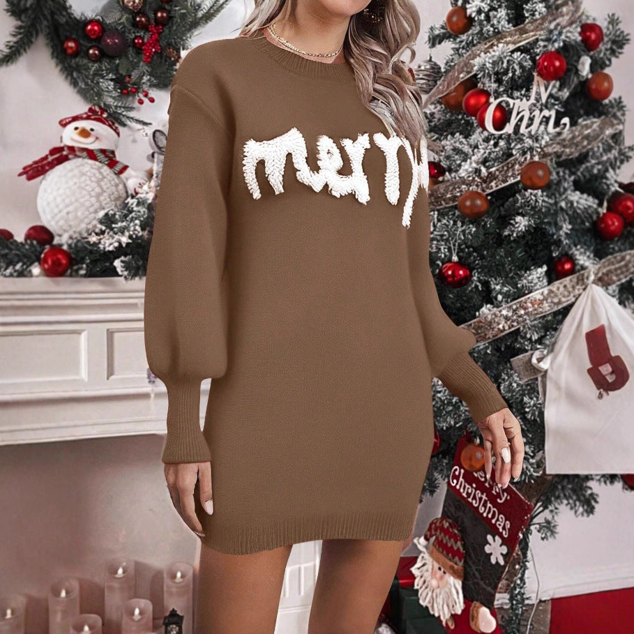 Women's Christmas Knitted Round Neck Sweater Dresses Lantern Sleeve Pullover Sheath Dress Elegant Loose New Year Party Dresses Fall Winter Knitted Sweater Jumper