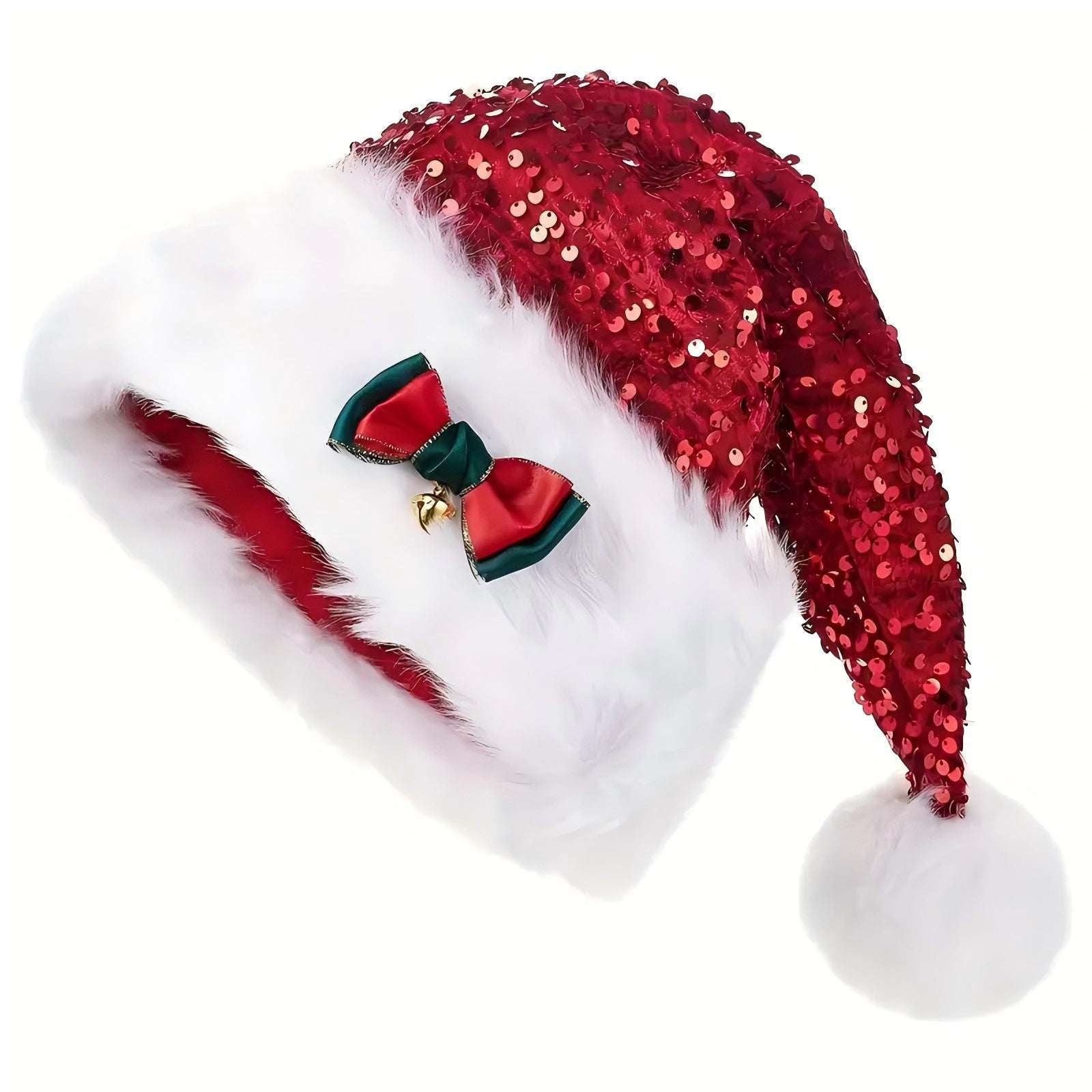 Christmas Hat With Red Sequins And Bow Design Warm Plush Decorative Hat, Christmas Enlarged And Thickened Long Haired Hat
