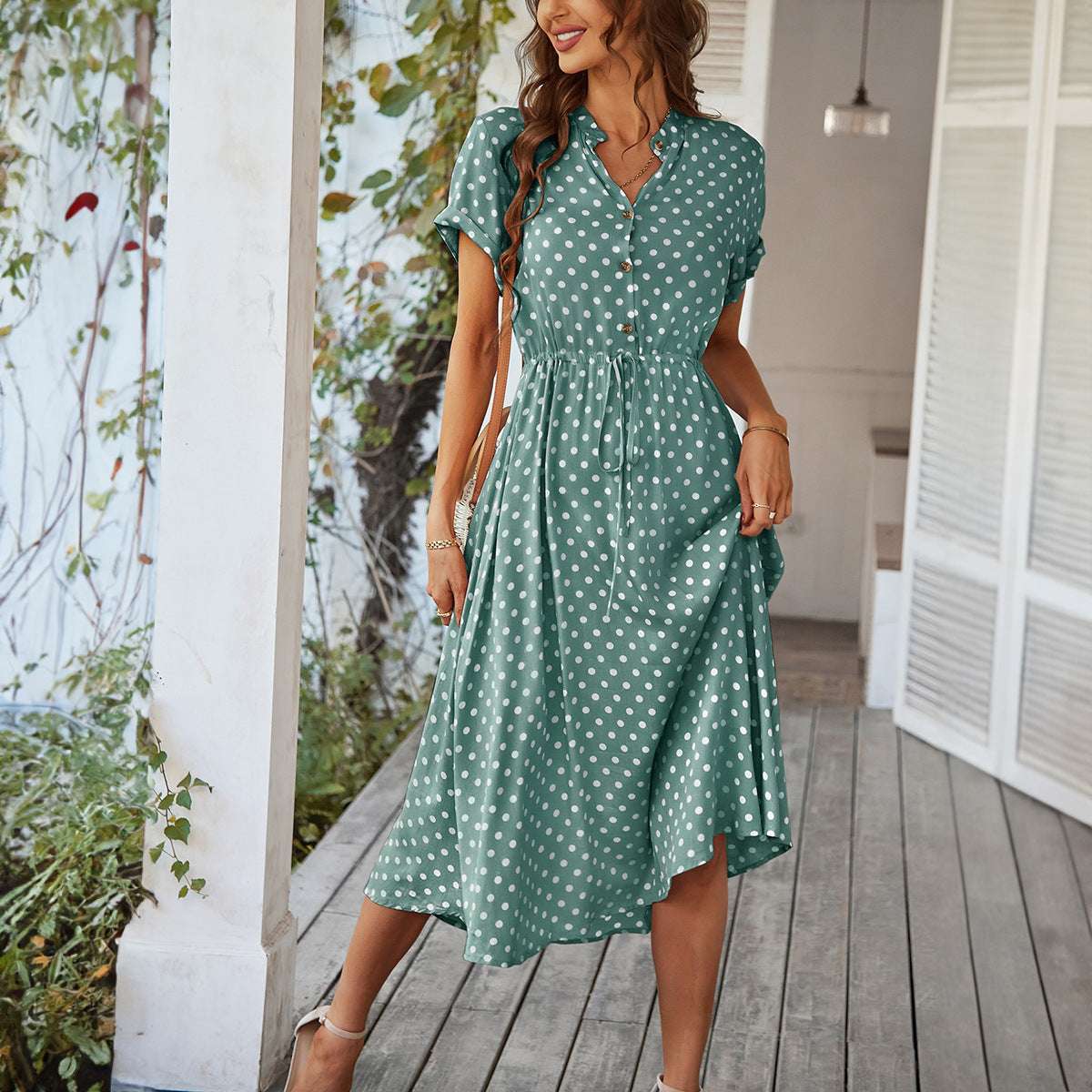 Temperament Leisure Vacation Style Polka Dot Print High Waist Lace-up Dress
