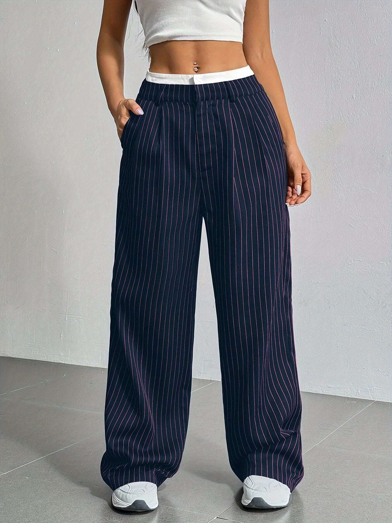 Stripe Printed Trousers Fashion High Waist Straight Leg Pants With Pocket Zipper Casual Suit Pants For Women
