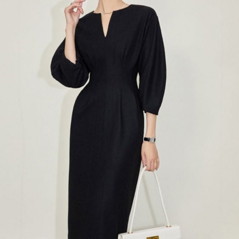 Black Female Temperament V - neck Black Dress Female - Elevra
