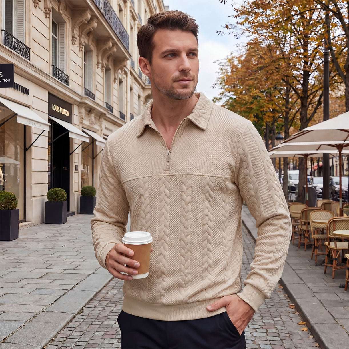 Casual Jacquard Patchwork Half - zip Polo Shirt With A Lapel Collar - Elevra