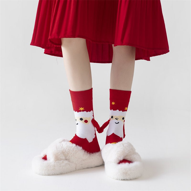 Christmas Magnetic Socks Cute Elk Santa Claus Snowman Hand - holding Socks For Couple - Elevra