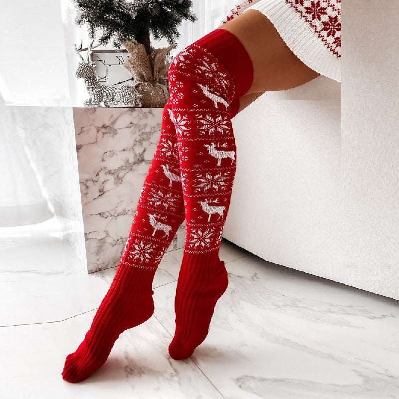 Christmas Over the Knee Knitted Socks–Warm Winter Elk Design - Elevra