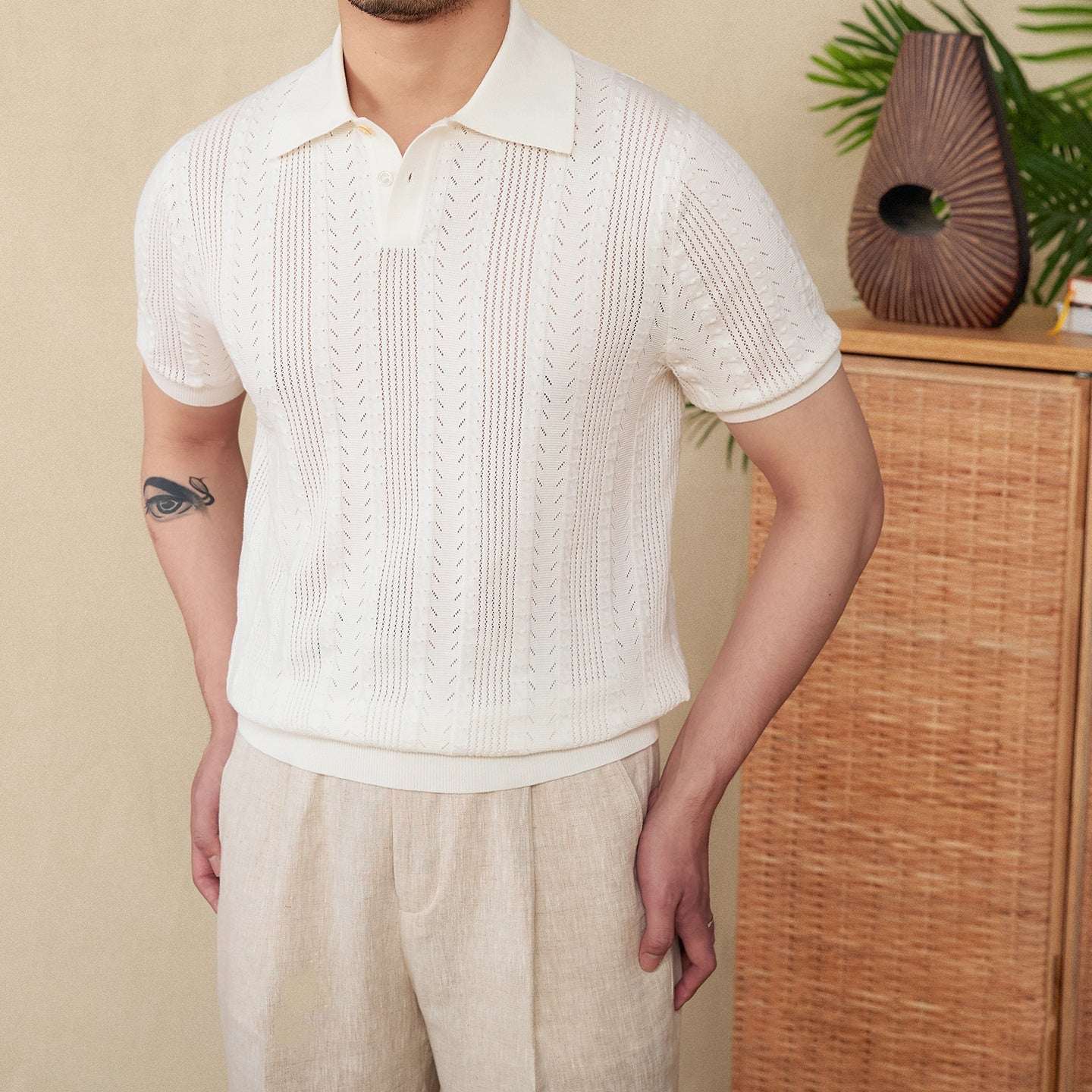 Cotton Hollow Lapel Short Sleeve POLO Knitted T-shirt - Elevra