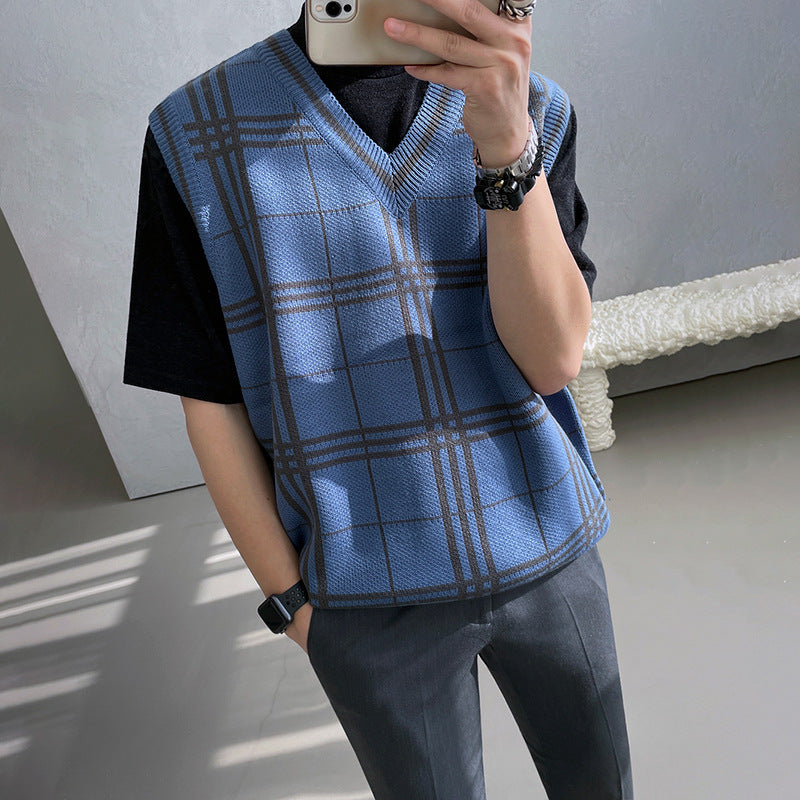 Knitted Men's Trendy Plaid V-neck Sweater Vest