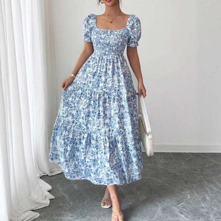 Elegant Idle Style Printed Square Collar Loose Long Puff Sleeve Dress - Elevra