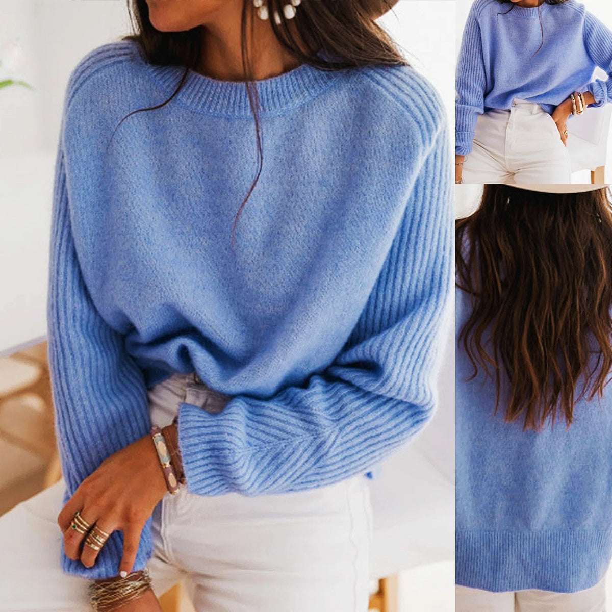 European Milk Blue Bedford Cord Sweater Women's Round - collar Long - sleeve Knitwear Casual Women's Clothing Fashion Knit Top Outerwear - Elevra