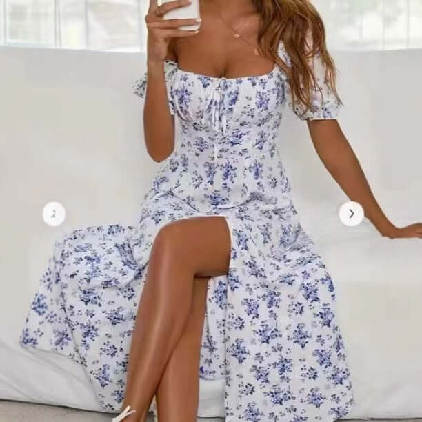 Floral Print Short Sleeve Split Dress Summer Fashion Lace - up Beach Long Dresses Women's Clothing - Elevra