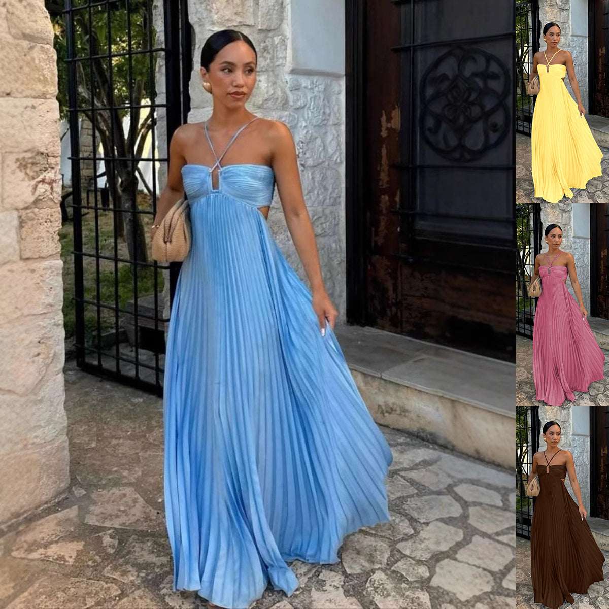 Ins Pleated Sleeveless Sling Dress Hollow High Waist Halter Robe Dresses For Evening Party Club Clothing Women - Elevra