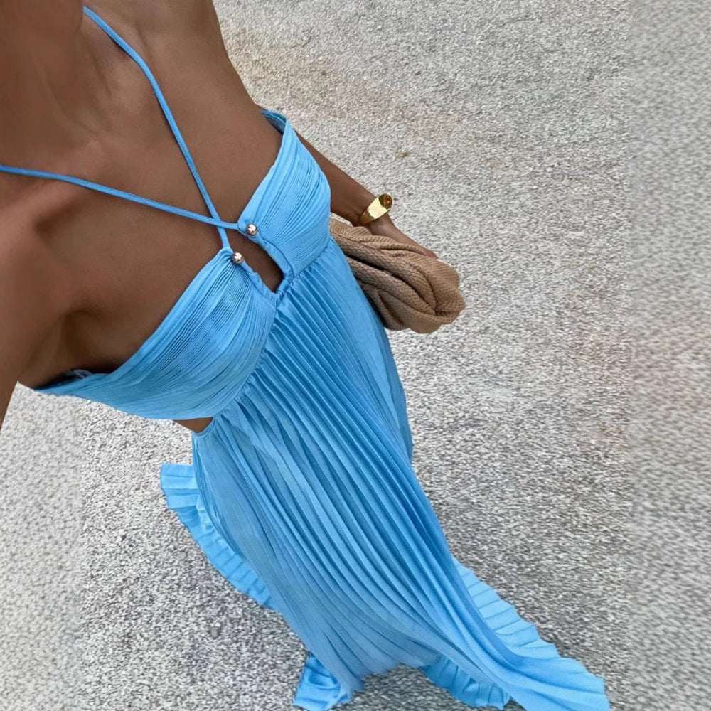 Ins Pleated Sleeveless Sling Dress Hollow High Waist Halter Robe Dresses For Evening Party Club Clothing Women - Elevra