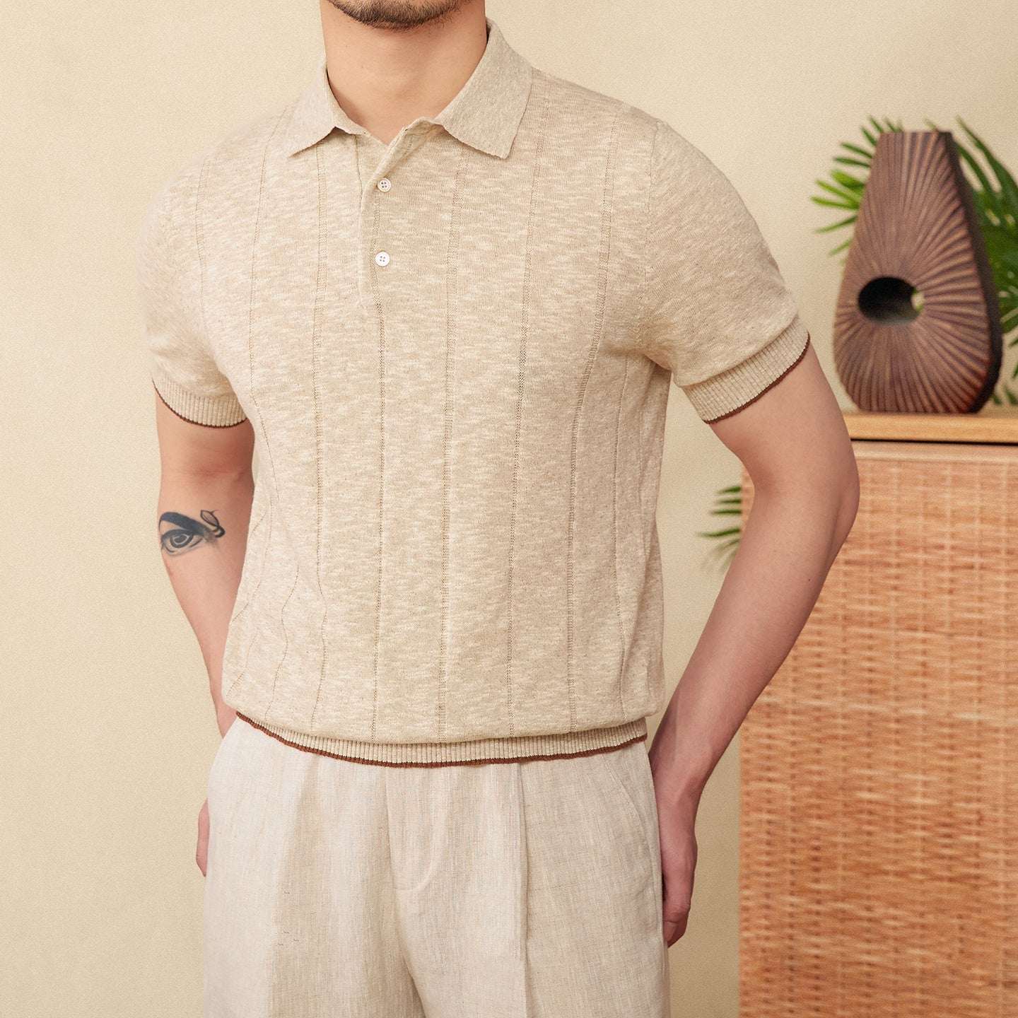Linen Cotton Blended Men's Lapel Knitted Polo Shirt - Elevra