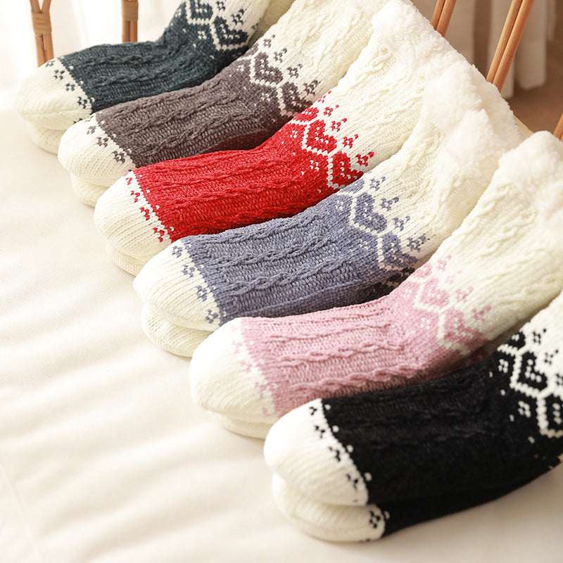Love Knitted Plush Floor Socks Winter Warm Non - slip Carpet Socks Christmas Home Women - Elevra