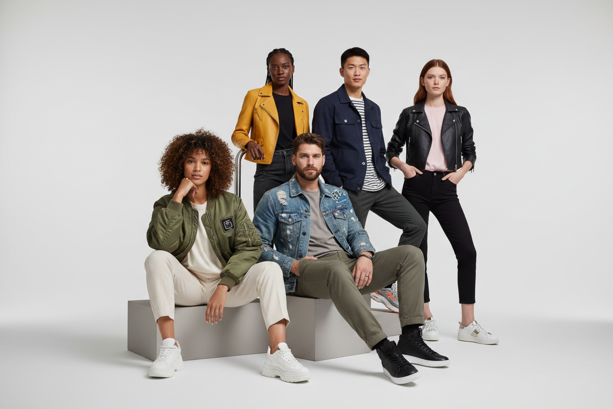 Five models in stylish jackets and casual wear posing on gray blocks against white background