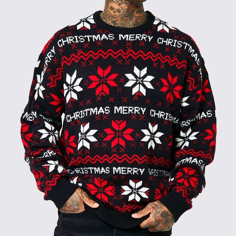 Men's Christmas Jacquard Loose - fitting Drop - shoulder Long - sleeve Sweater - Elevra