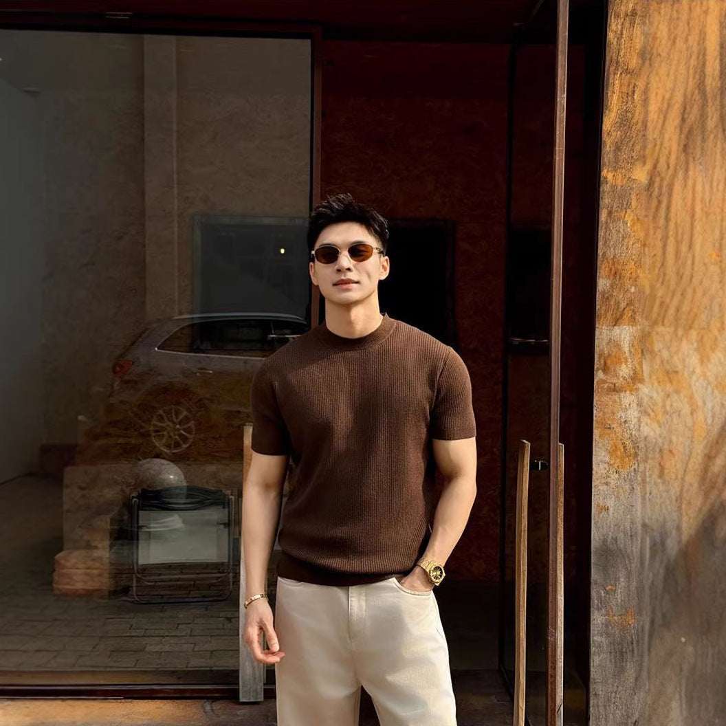 Mens Round - Neck Knitted Short - Sleeve T-Shirt - Elevra