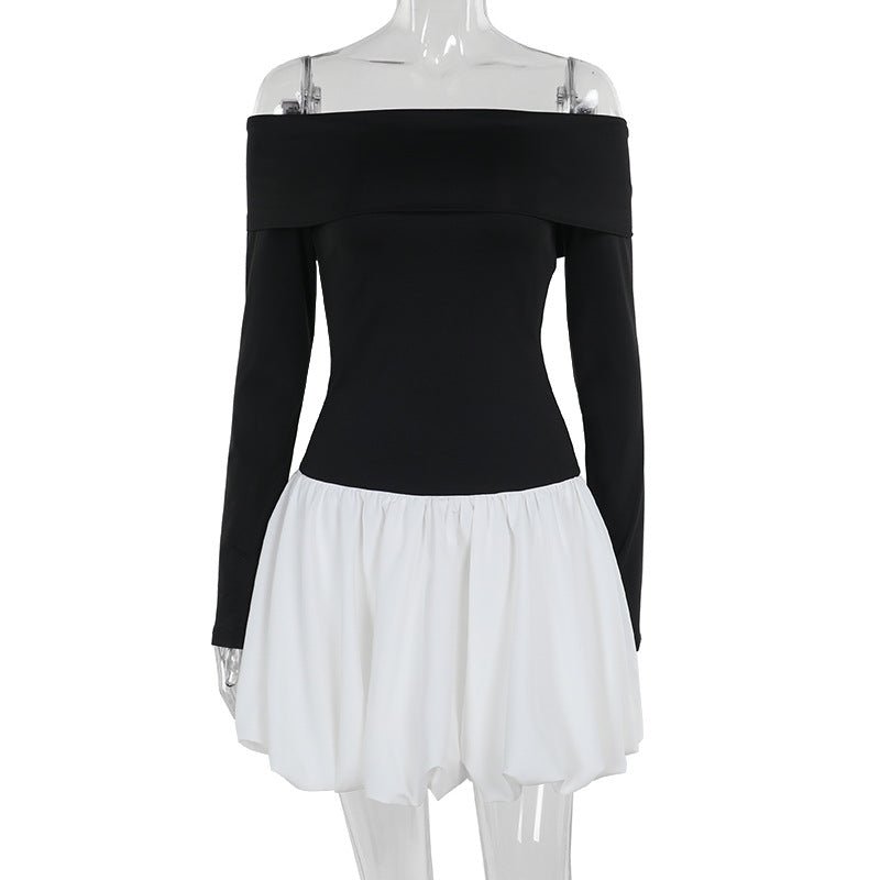 Off - shoulder Color Matching Long Sleeve A - Line Dress - Elevra