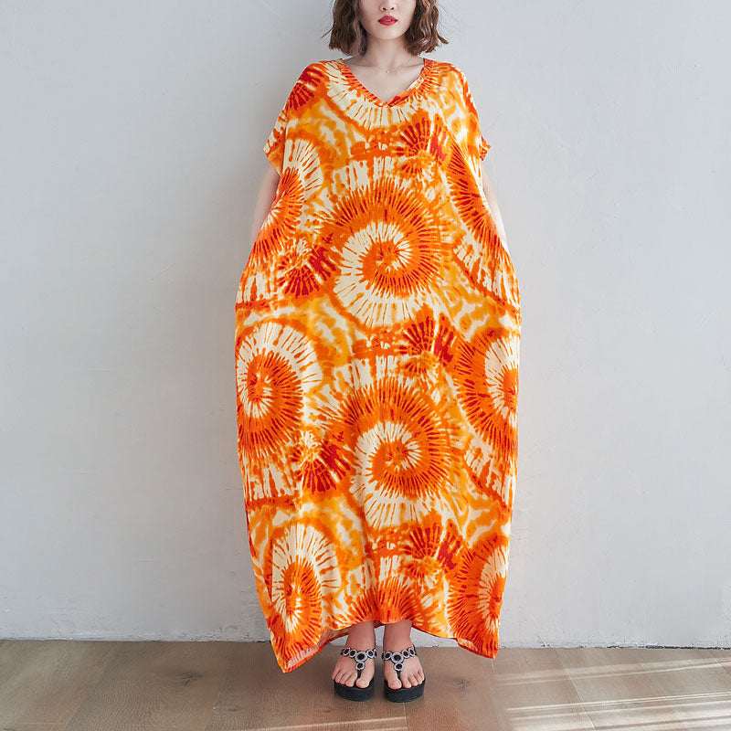 Printed Long Skirt Tie - dye Holiday Casual Straight Over - the - knee Maxi Dress - Elevra