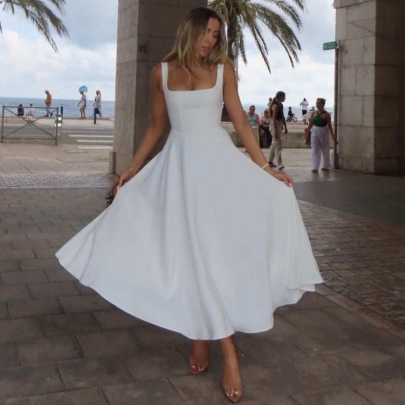Square - neck Sleeveless Waist Trimming Sling Dress - Elevra