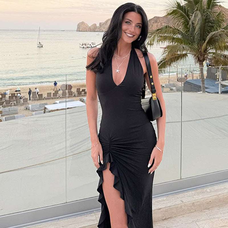 Summer New V - neck Halter Split Sexy Backless Dress - Elevra