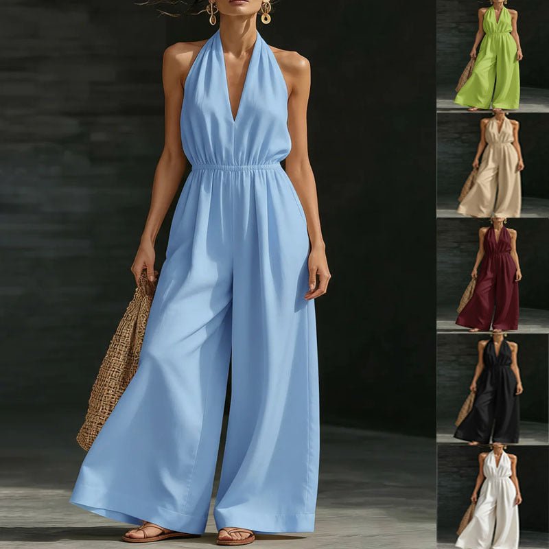 Light blue halter neck jumpsuit with wide legs, shown in multiple colors for women’s summer fashion