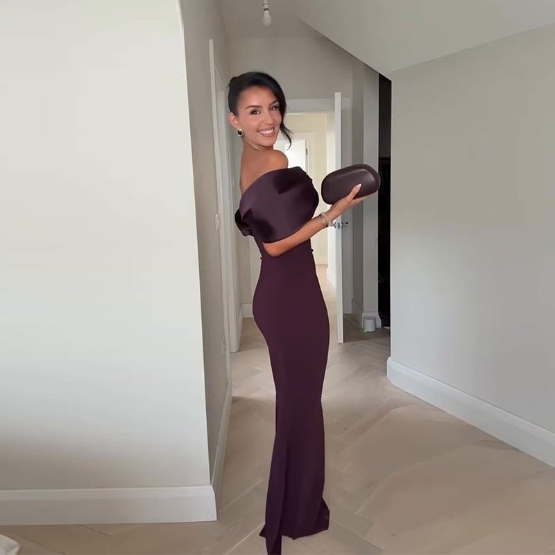 V - neck Slim - fit Waist Sheath Split Off - the - shoulder Dress - Elevra