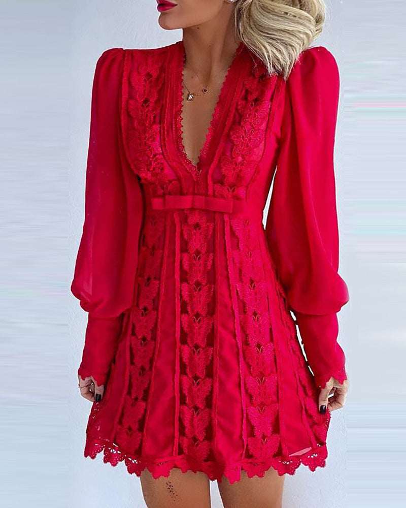 White Elegant Dresses Sexy V Neck Lace Dress Long Puff Sleeve Butterfly Dress For Women - Elevra