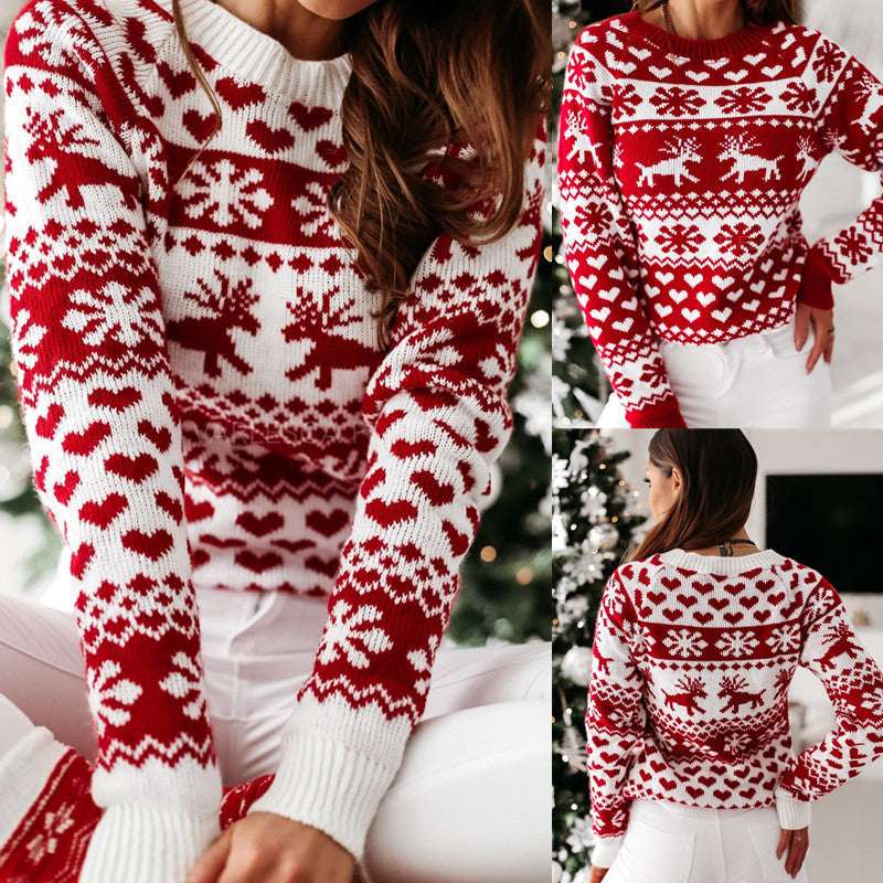 Women Ugly Christmas Sweater – Elk & Snowflake Knit Pullover - Elevra