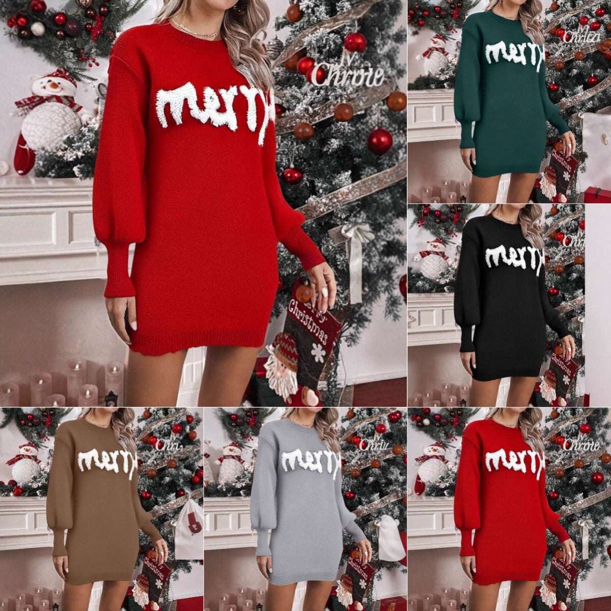 Women's Christmas Knitted Round Neck Sweater Dresses Lantern Sleeve Pullover Sheath Dress Elegant Loose New Year Party Dresses Fall Winter Knitted Sweater Jumper - Elevra
