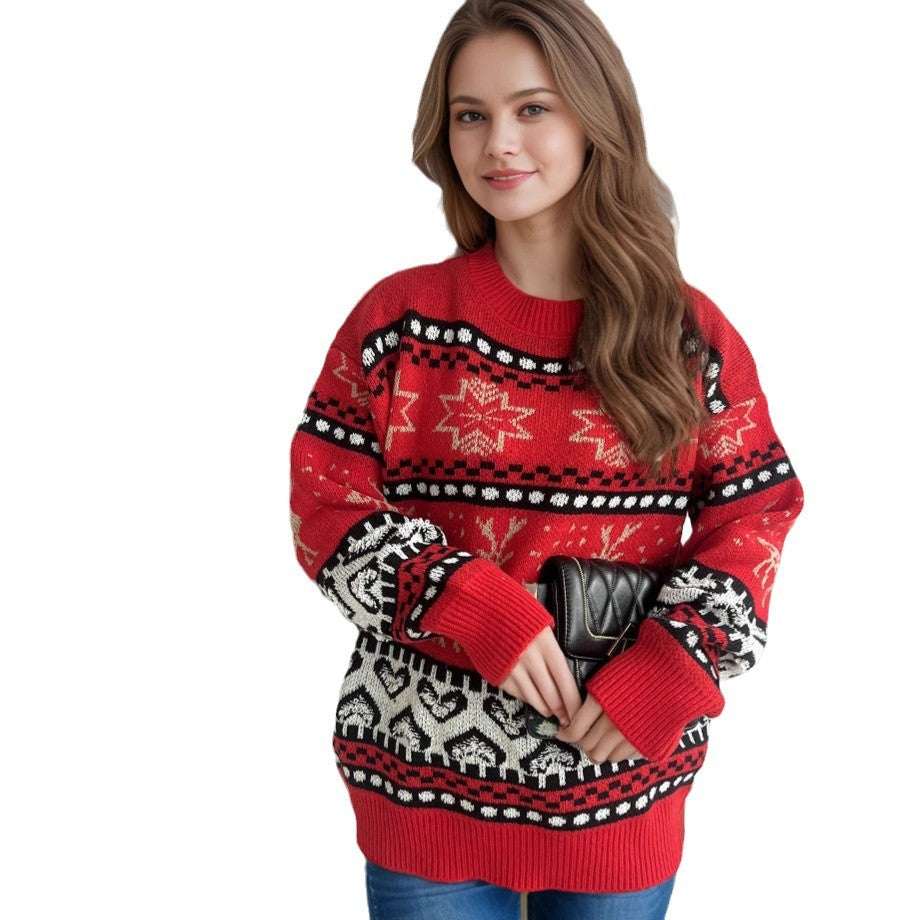 Women’s Christmas Sweater–Red Deer Jacquard Long Sleeve Knit - Elevra