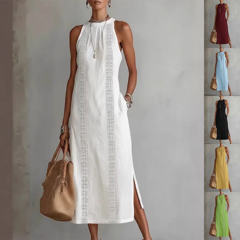 White sleeveless midi dress with lace trim, side slit, and pockets, shown in multiple colors