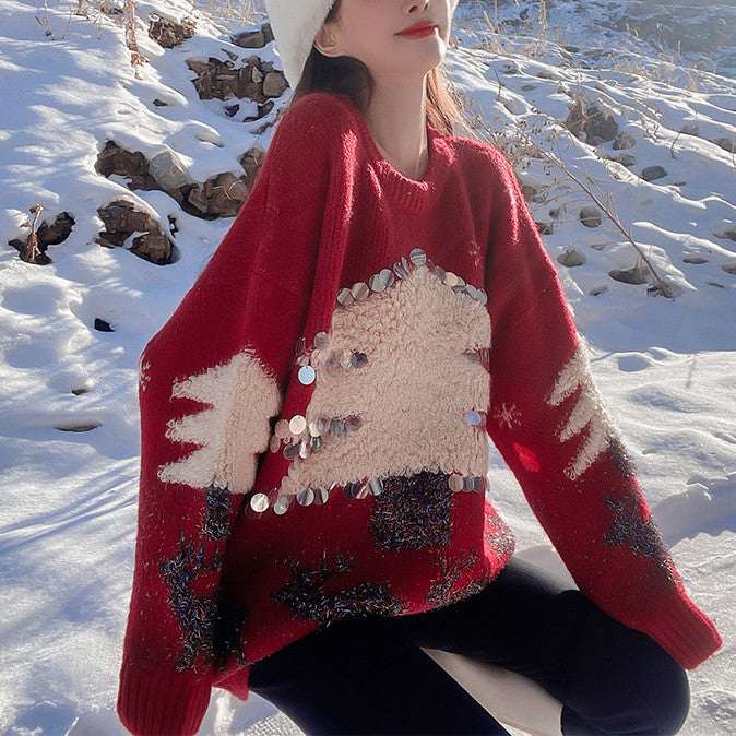 Women's Mid - length Christmas Lazy Loose Bottoming Sweater - Elevra