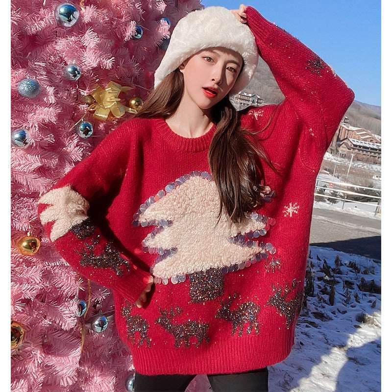 Women's Mid - length Christmas Lazy Loose Bottoming Sweater - Elevra