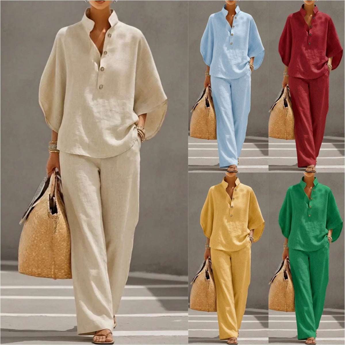 Women's Short - sleeved Suit Summer Loose Pullover Top And Straight - leg Trousers Outfit Clothing - Elevra