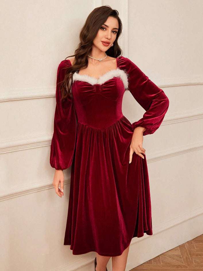 Women's Vintage Christmas Party Long Sleeve Red Velvet Dress Square Collar Dress Elegant Slimming Waist Autumn Women's Clothing - Elevra