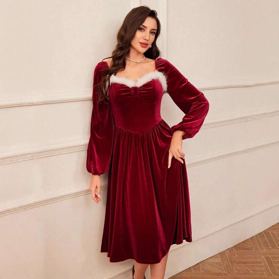 Women's Vintage Christmas Party Long Sleeve Red Velvet Dress Square Collar Dress Elegant Slimming Waist Autumn Women's Clothing - Elevra