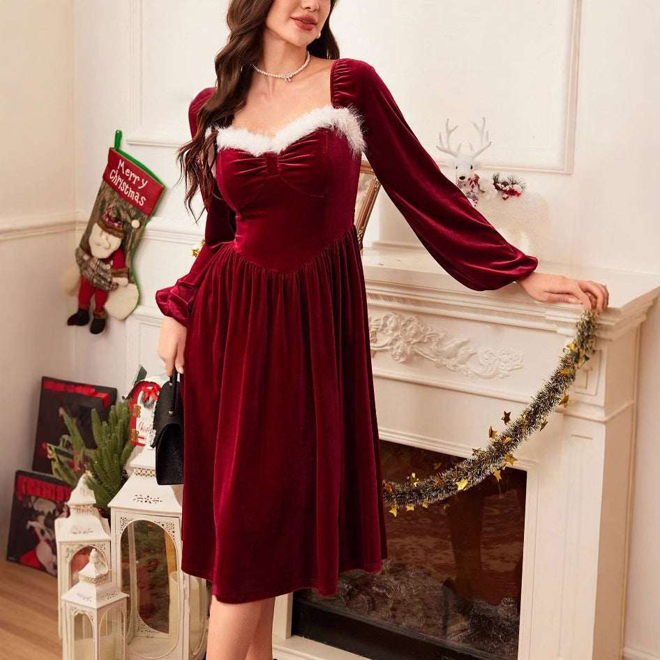 Women's Vintage Christmas Party Long Sleeve Red Velvet Dress Square Collar Dress Elegant Slimming Waist Autumn Women's Clothing - Elevra