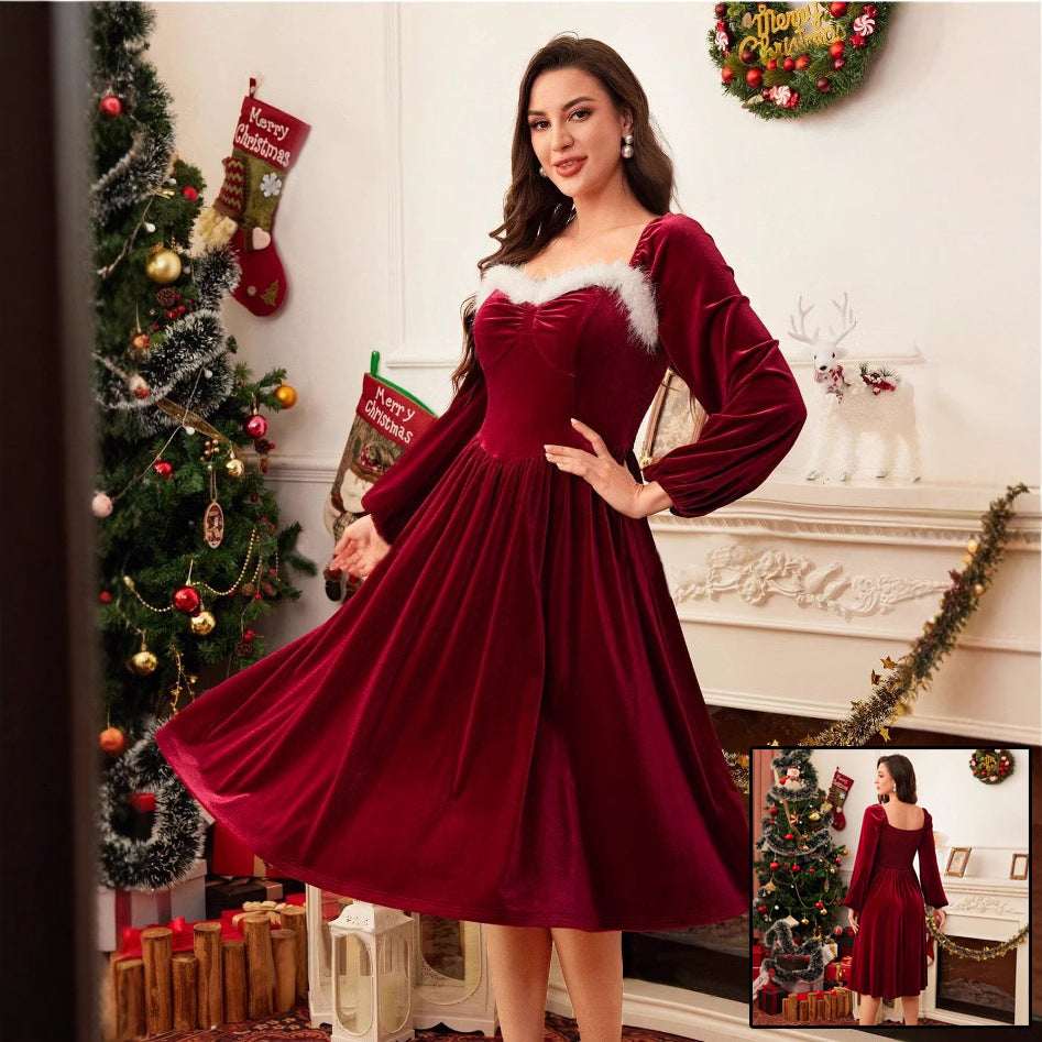 Women's Vintage Christmas Party Long Sleeve Red Velvet Dress Square Collar Dress Elegant Slimming Waist Autumn Women's Clothing - Elevra