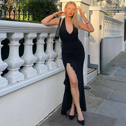 Summer New V-neck Halter Split Sexy Backless Dress