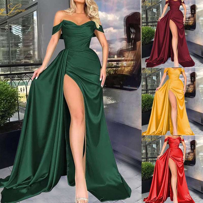 Banquet High Slit Sexy Host Off-shoulder Slimming Party Evening Dress