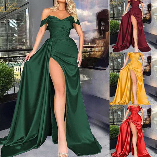 Banquet High Slit Sexy Host Off-shoulder Slimming Party Evening Dress
