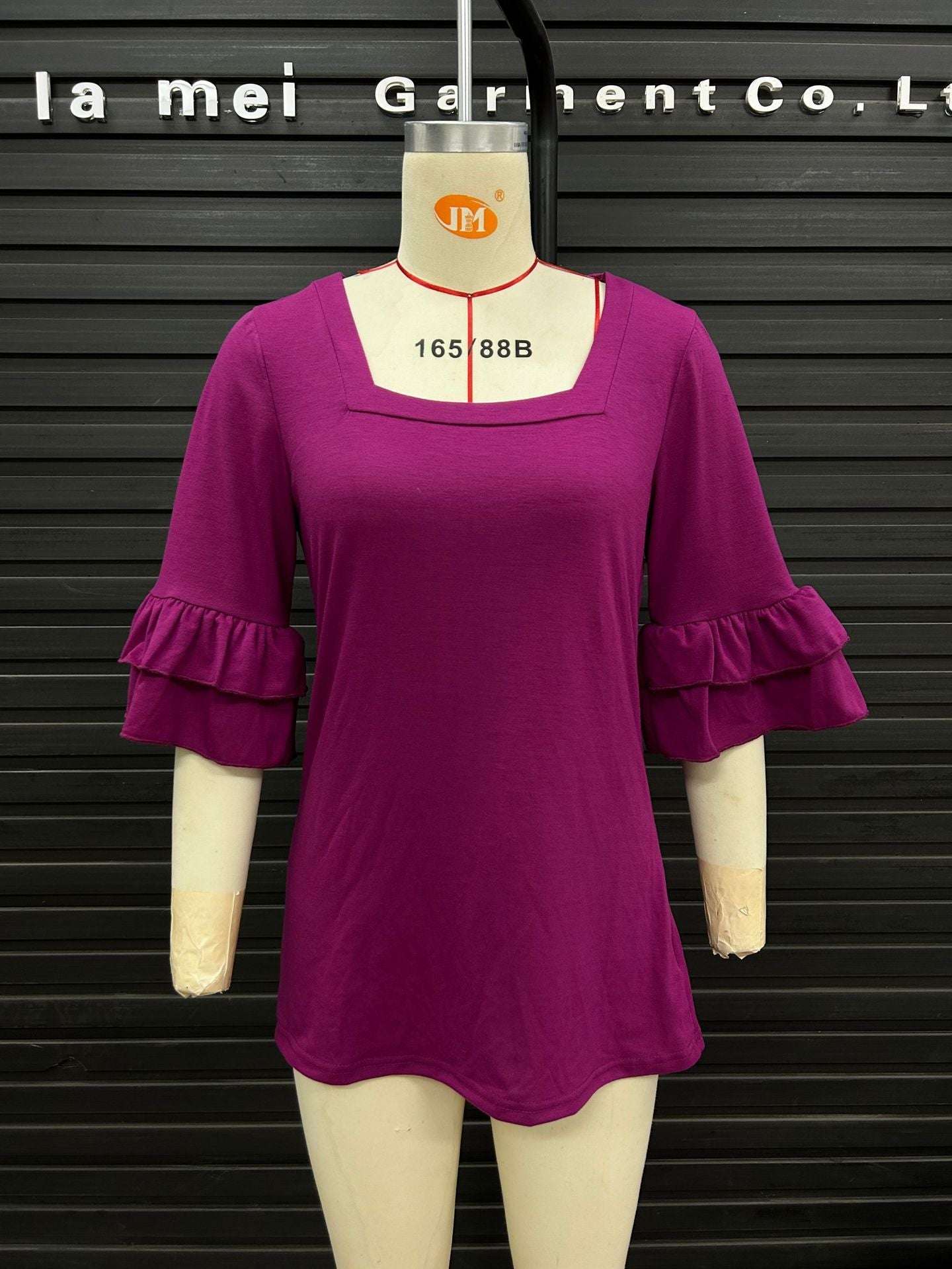 Square Collar Ruffled Half Sleeve Solid Color Loose T-shirt