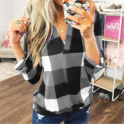 Plaid Printed V-Neck Long Sleeve T-Shirt