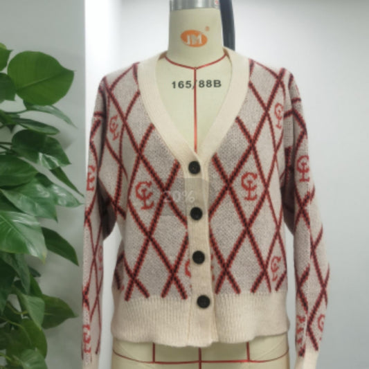 V-neck Diamond Plaid Cardigan Women's Knitting Coat