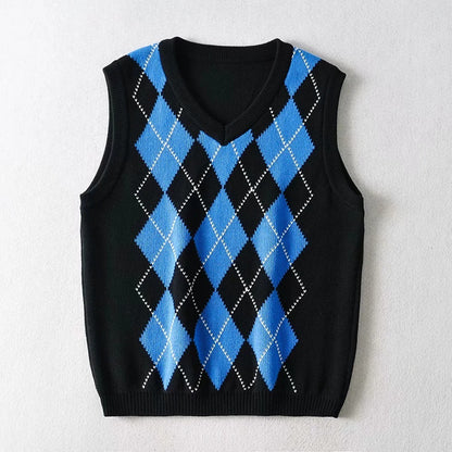 New V-neck knitted vest with plaid knitting