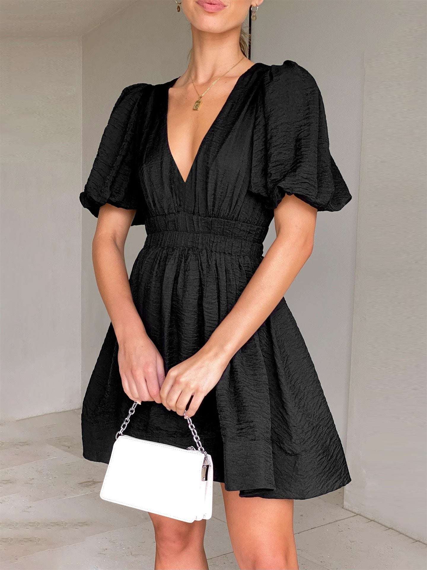 European And American Elegant Dress Sweet Waist Trimming Dress V-Neck Lantern Sleeve Dress Women's Summer Sun Dresses Evening Dress