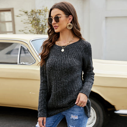 Women's Lace-up Sweater Top Long Sleeve Round Neck Sweater
