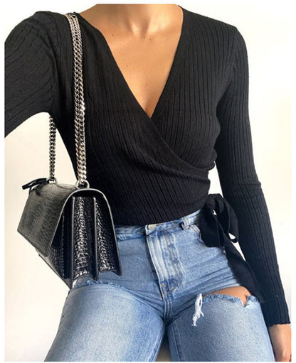 Women's Solid Color Long Sleeved V Neck Lace Up Sweater Bottoming Shirt